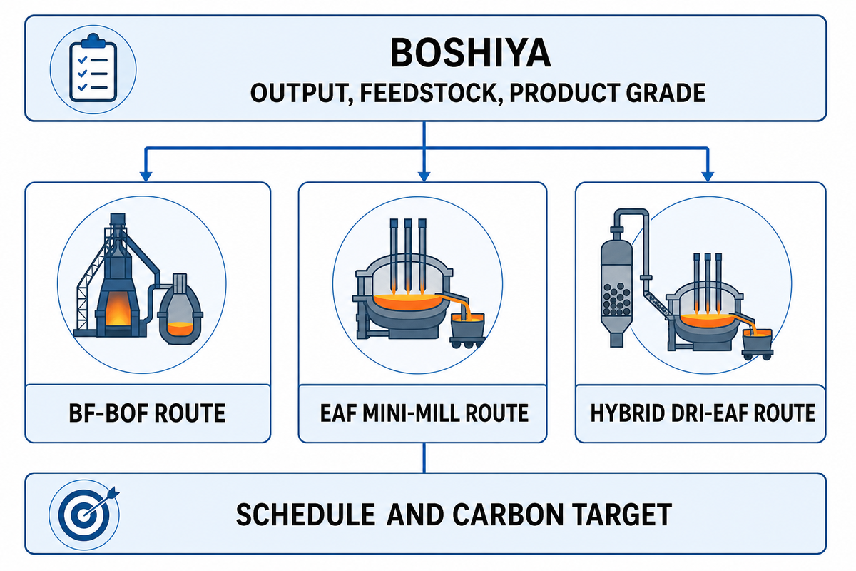 BOSHIYA Decision Framework: BF-BOF, EAF Mini-Mill, or Hybrid DRI-EAF? — BOSHIYA