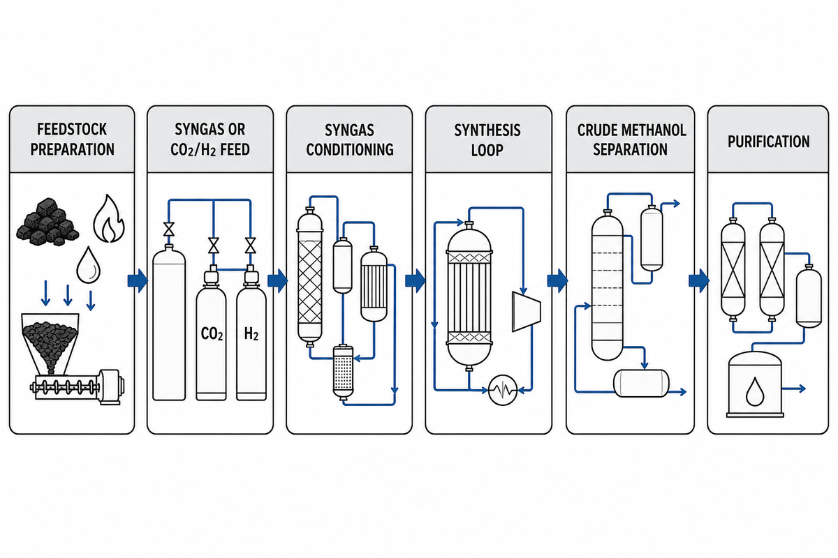 Core Methanol Production Process: Feedstock to Syngas to Reactor to Distillation — Boshiya
